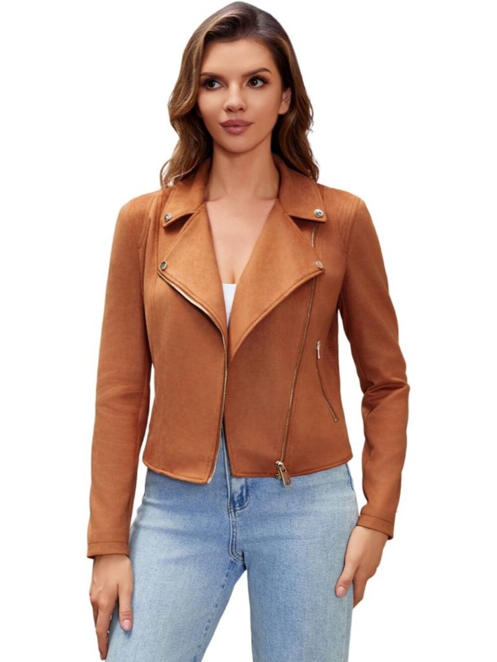 Women Brown Faux Leather Crocodile Embossed Cropped Zipper Belt Motorbike Jacket